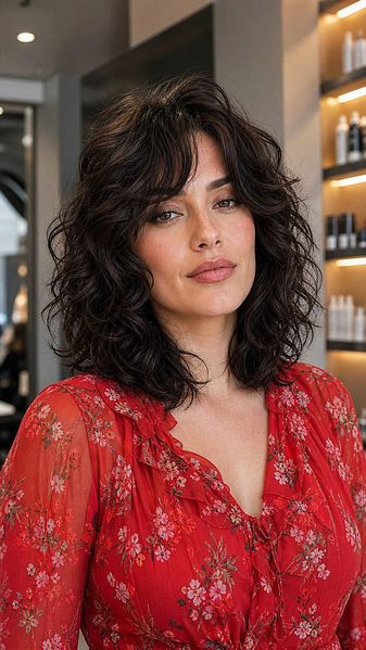 Tousled Dark Curly Wolf with Fringe Tousled Dark Curly Wolf with Fringe