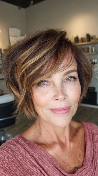 Dynamiczna, krótka fryzura z karmelowymi refleksami i delikatnie pocieniowanymi warstwami