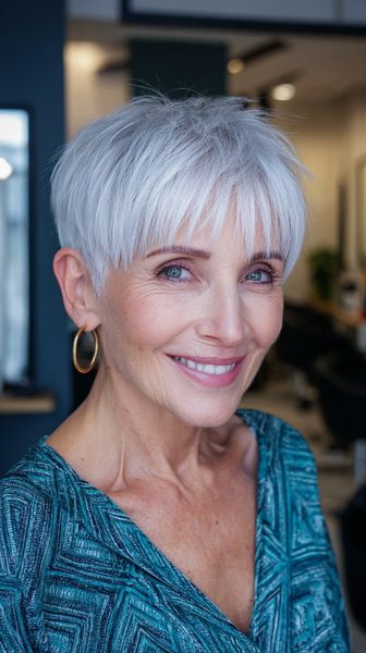 Elegancka, srebrzysta krótka fryzura z teksturowaną objętością