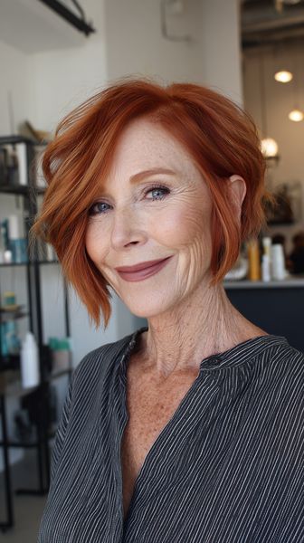 Mocna miedziana fryzura bob z delikatnymi falami