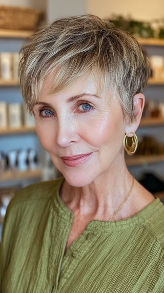 Nowoczesna krótka fryzura z teksturą dla dojrzałych kobiet