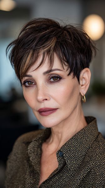 Nowoczesny teksturowany pixie w kolorze brązowym z delikatnymi refleksami