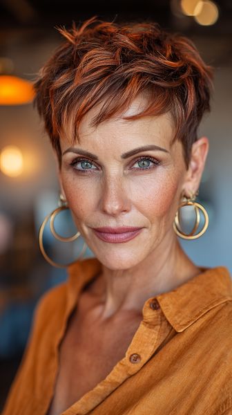 Stylowa krótka fryzura z teksturą i miedzianymi refleksami