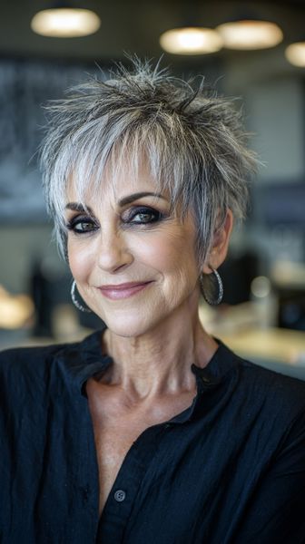 Stylowy srebrzysty pixie z teksturą i cieniowanymi warstwami