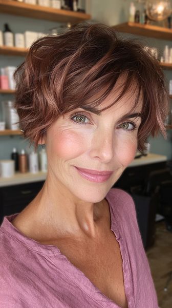 Uroczy kasztanowy bob z miękkimi warstwami