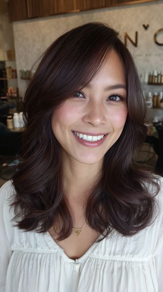 Błyszczące średniej długości cięcie z twarzowym bocznym grzywką