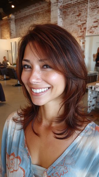 Ciepły, tonowany, warstwowy bob z delikatną grzywką na bok