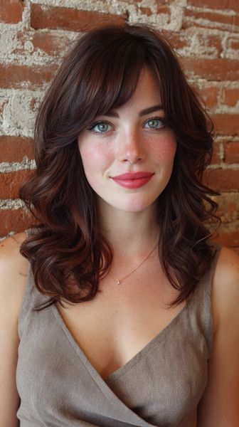 Delikatne, warstwowe cięcie do ramion z kształtną grzywką na bok