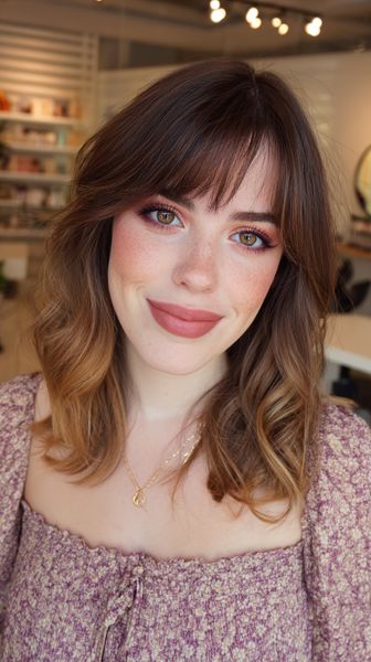 Delikatnie teksturowana fryzura średniej długości z lekkimi grzywkami