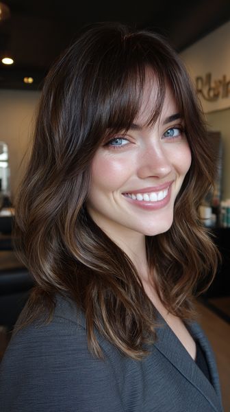 Delikatnie wycieniowane średniej długości cięcie z grzywką podkreślającą rysy twarzy