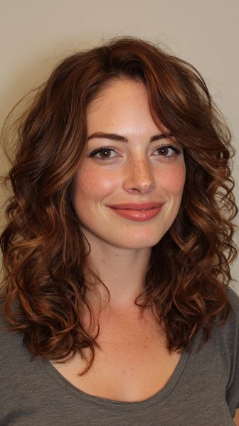 Dynamiczne, kręcone cięcie średniej długości z delikatną grzywką na bok