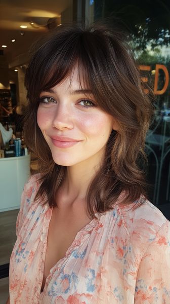 Elegancka fryzura o średniej długości z teksturowaną grzywką na bok