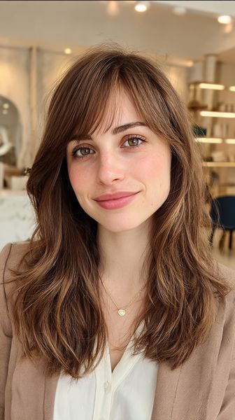 Elegancka fryzura warstwowa z delikatną grzywką na bok