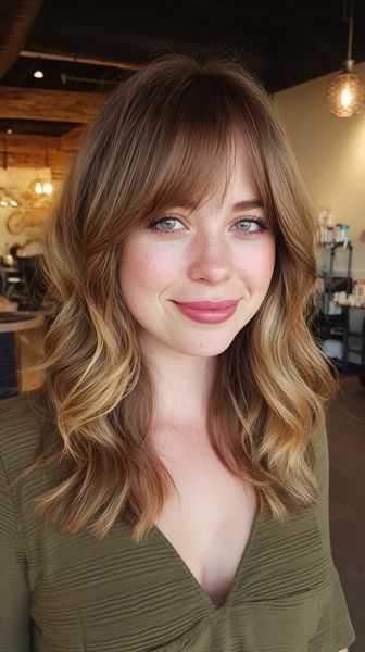 Miękko cieniowana fryzura średniej długości z delikatną grzywką