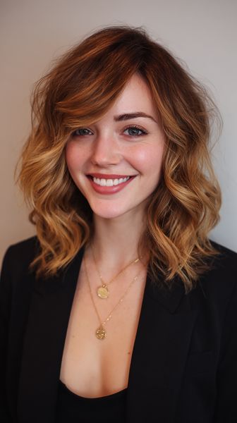 Modna średnia fryzura z bujną boczną grzywką