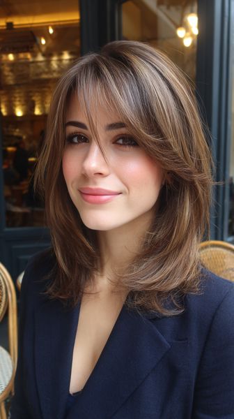 Nowoczesne średniej długości cięcie z delikatnie opadającą grzywką oplatającą twarz