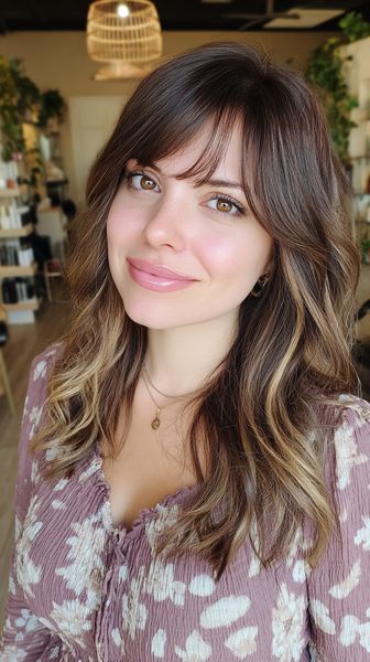 Średniej długości cięcie w ciepłych tonach z delikatną grzywką okalającą twarz