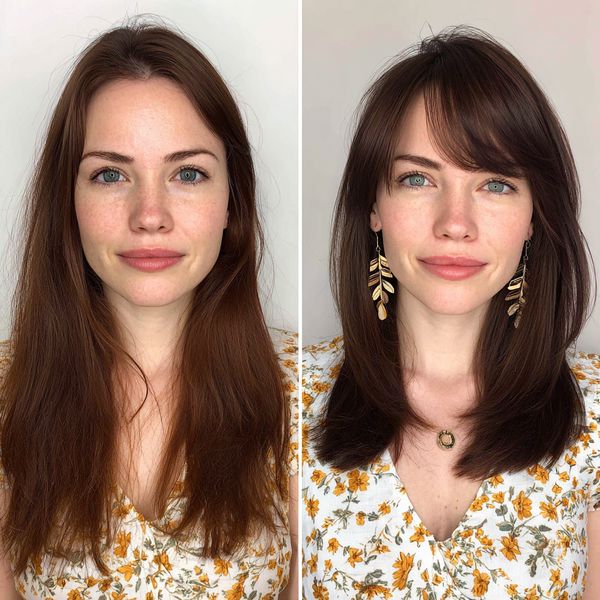 Średniej długości cięcie z delikatnymi bocznymi grzywkami w warstwach