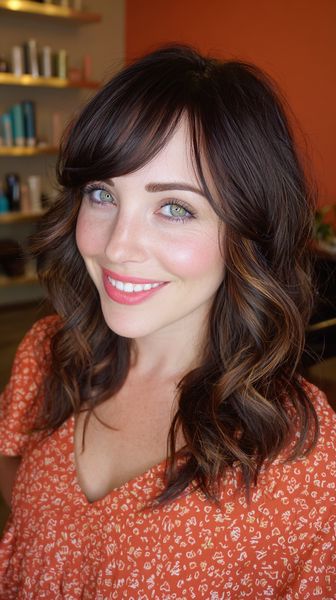 Średniej długości fryzura z delikatną grzywką na bok