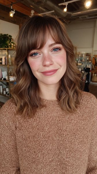 Średniej długości fryzura z teksturą i delikatną, zwiewną grzywką