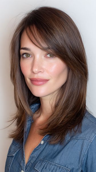 Stylowe cięcie średniej długości z delikatną grzywką na bok