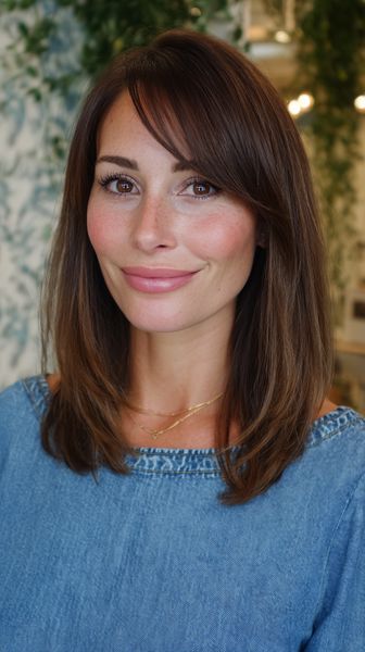 Stylowe średniej długości cięcie z delikatną grzywką na bok