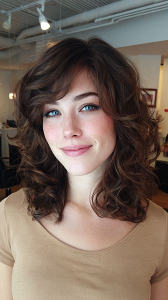 Swobodna średnia fryzura z lokami i delikatną grzywką na bok