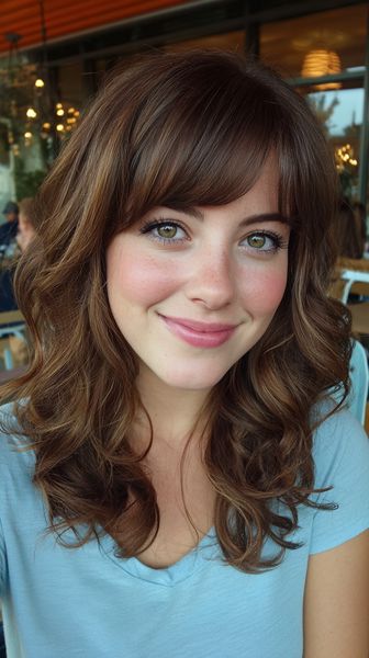 Urocza średniej długości fryzura z delikatnie obciętą prostą grzywką