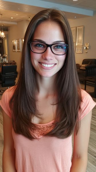 Elegancka długa fryzura z warstwowym cięciem i okularami