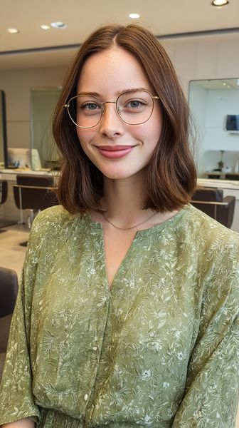 Elegancka, średniej długości fryzura warstwowa z okularami