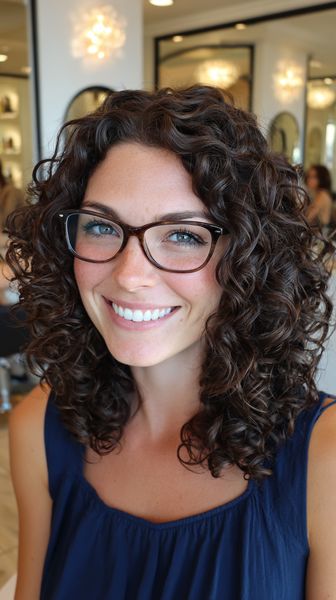 Krótkie, kręcone włosy do ramion i okulary