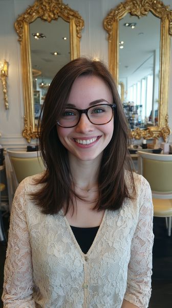 Stylowa fryzura o średniej długości z subtelnymi warstwami i okulary