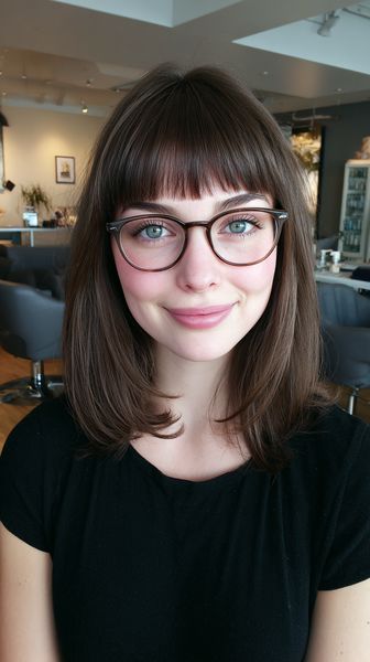 Stylowa fryzura średniej długości z miękką prostą grzywką i okularami