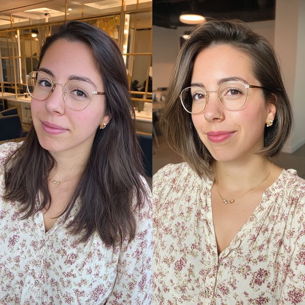 Stylowa teksturowana fryzura bob do brody z okularami