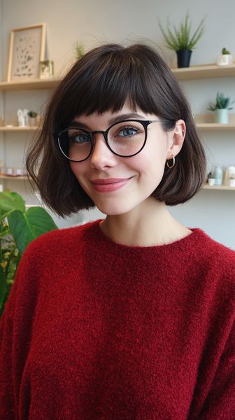Stylowy bob z teksturą, z delikatną grzywką i okularami
