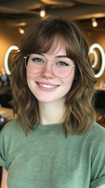 Teksturowana fryzura do ramion z delikatną grzywką