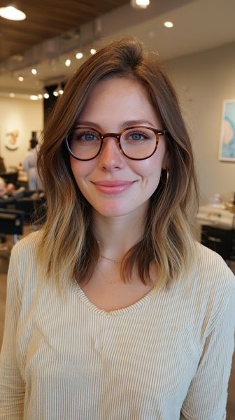 Teksturowana fryzura do ramion z warstwami podkreślającymi rysy twarzy i okulary