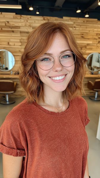 Zabawne faliste włosy średniej długości w połączeniu z okularami